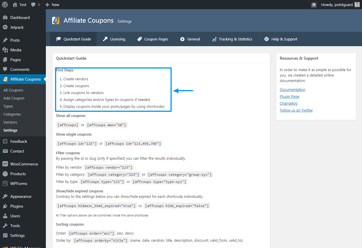 configurações de cupons de afiliados