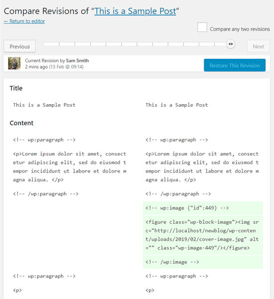 Alternando entre revisões de postagem