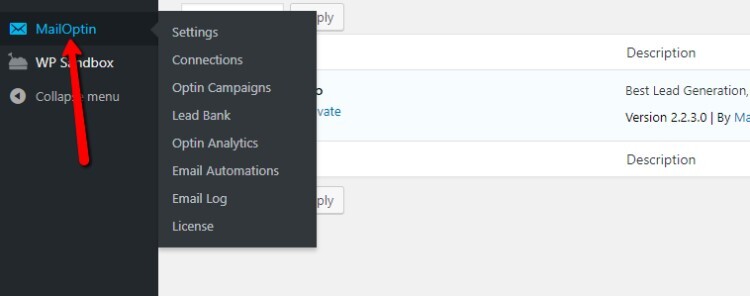 Revisão do MailOptin: link do menu