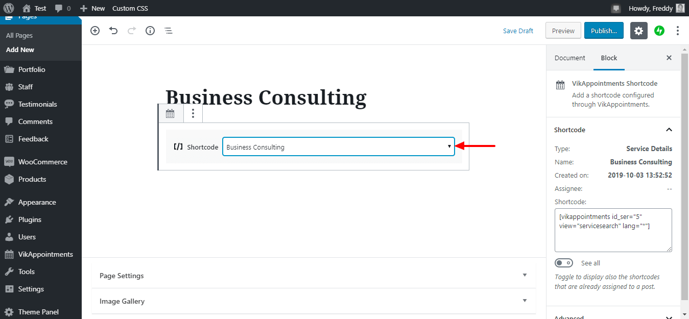 selecione o shortcode vikappointments em gutenberg