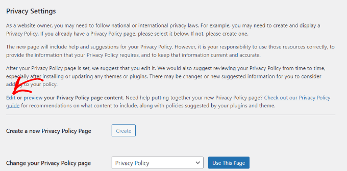 Editar página de política de privacidade existente
