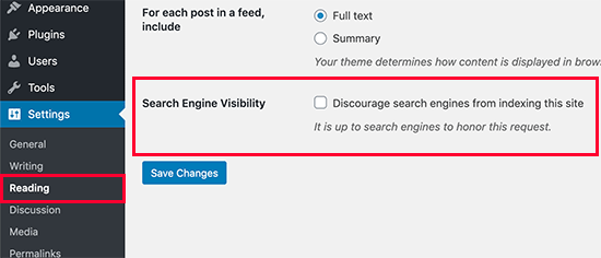 Configurações de visibilidade do mecanismo de pesquisa no WordPress