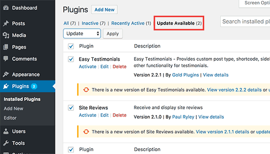 Plugins de atualização em massa