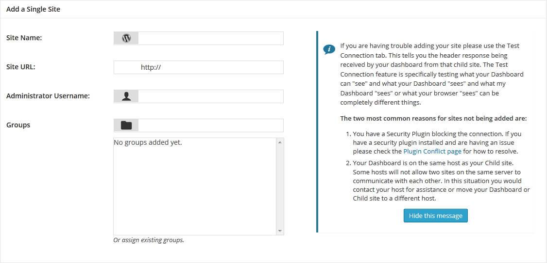 MainWP Adicionar Site