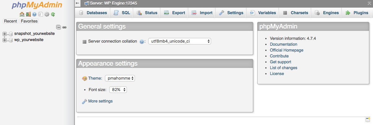 Página principal do phpMyAdmin