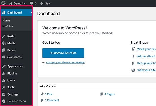 Itens do menu de administração do WordPress