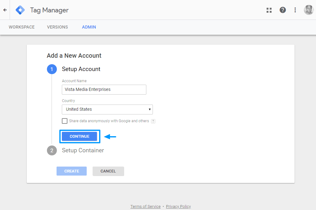 criando uma nova conta de gerenciador de tags do google