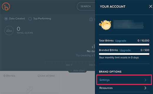 Configurações do Bitly