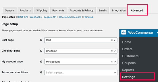 Selecione as páginas padrão do WooCommerce