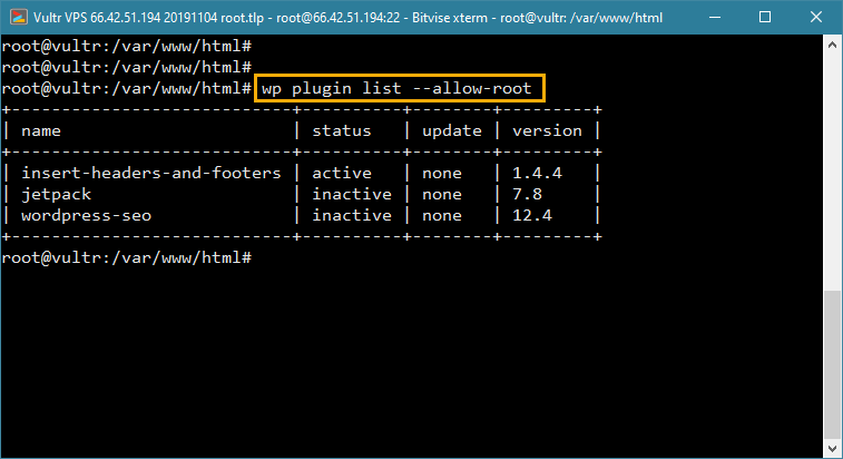 wp-cli lista todos os plugins instalados no wordpress