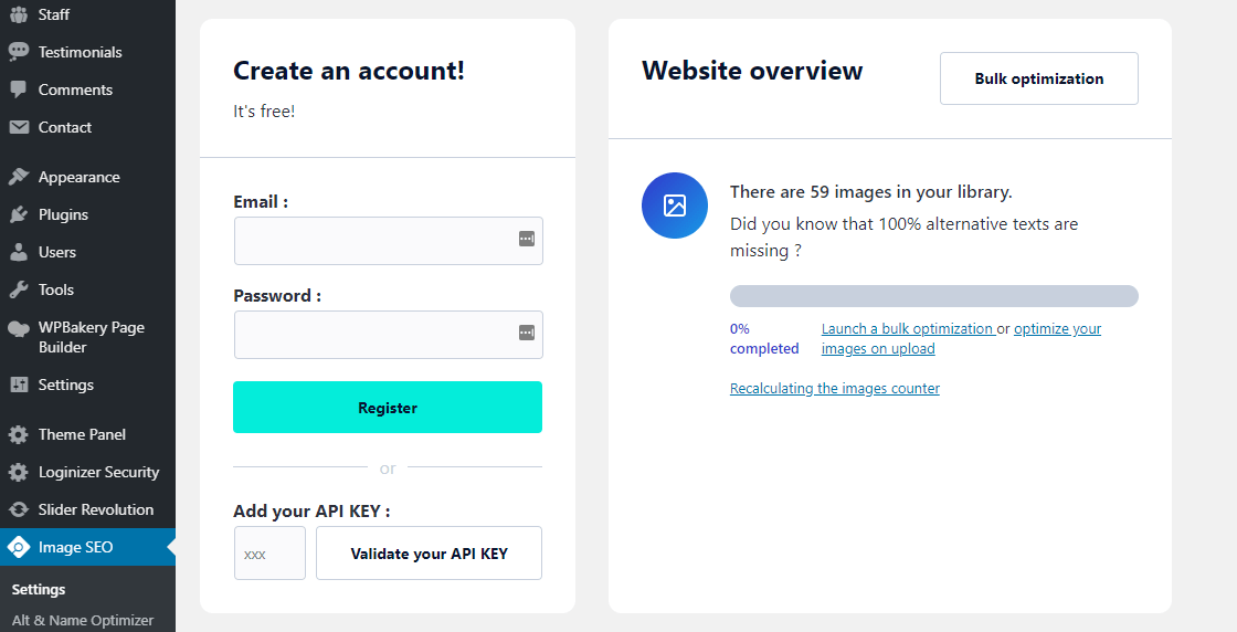 painel de configurações do otimizador de imagem de seo
