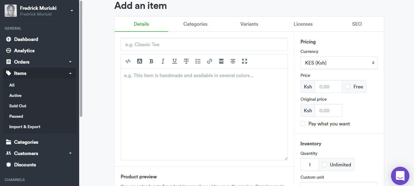 editor de produto no selz
