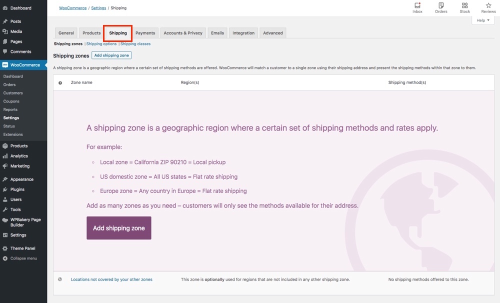 Configurações de envio do WooCommerce