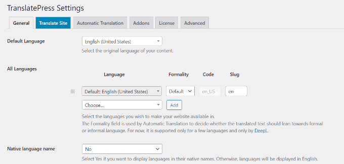 Configurações gerais no TranslationPress