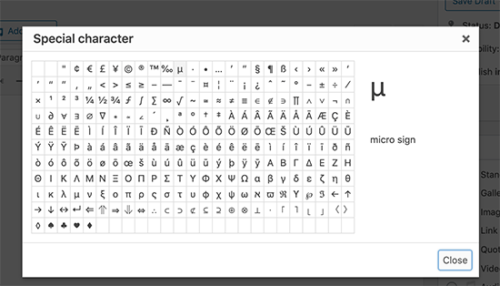 Popup de caracteres especiais no antigo editor do WordPress