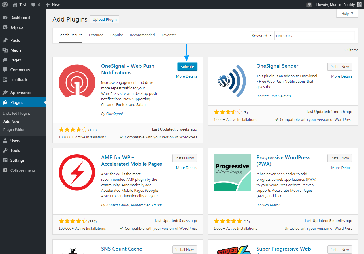 ativando o plugin wordpress onesignal