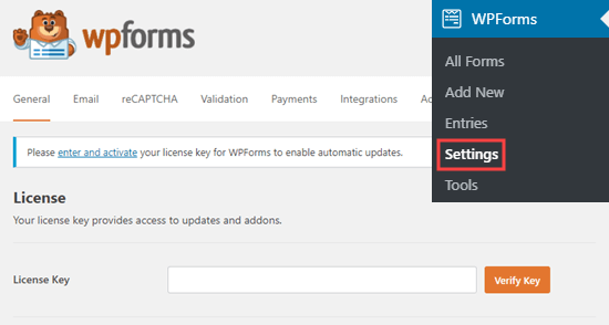 Digite a chave de licença do WPForms
