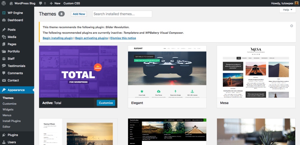 Instale o tema WordPress e ative os plugins