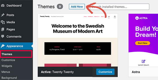 Adicionar novo tema WordPress