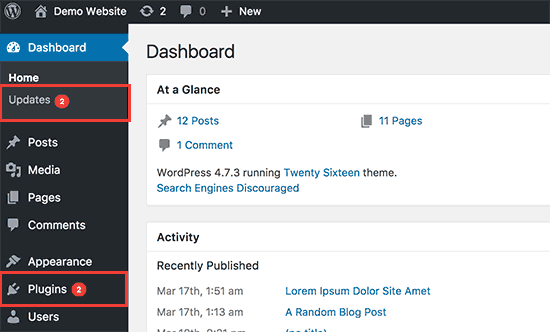Notificações de atualização do WordPress dentro da área de administração