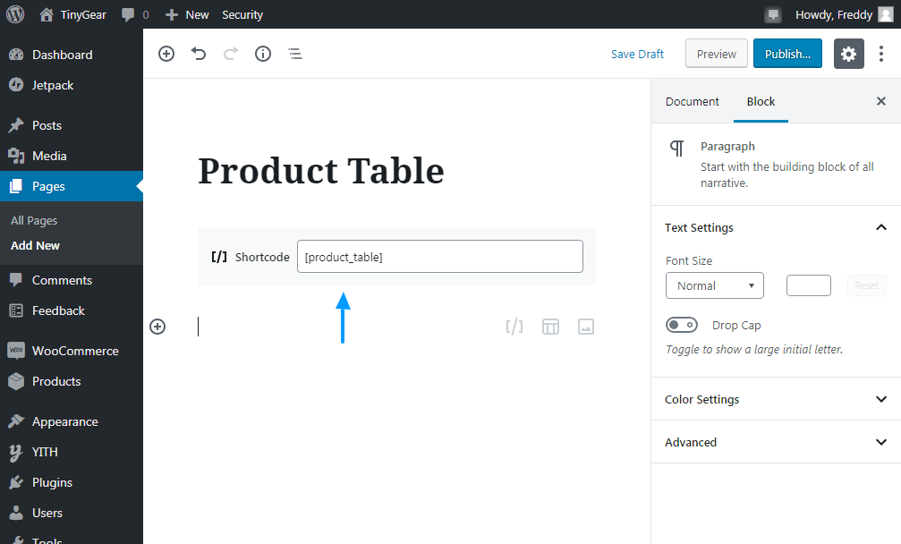 adicionando nova tabela de produtos usando o shortcode da tabela de produtos woocommerce
