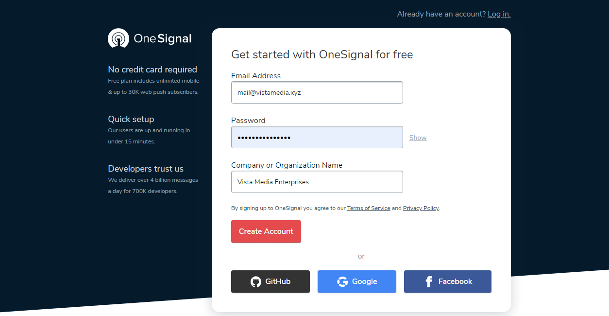 formulário de criação de conta onesignal