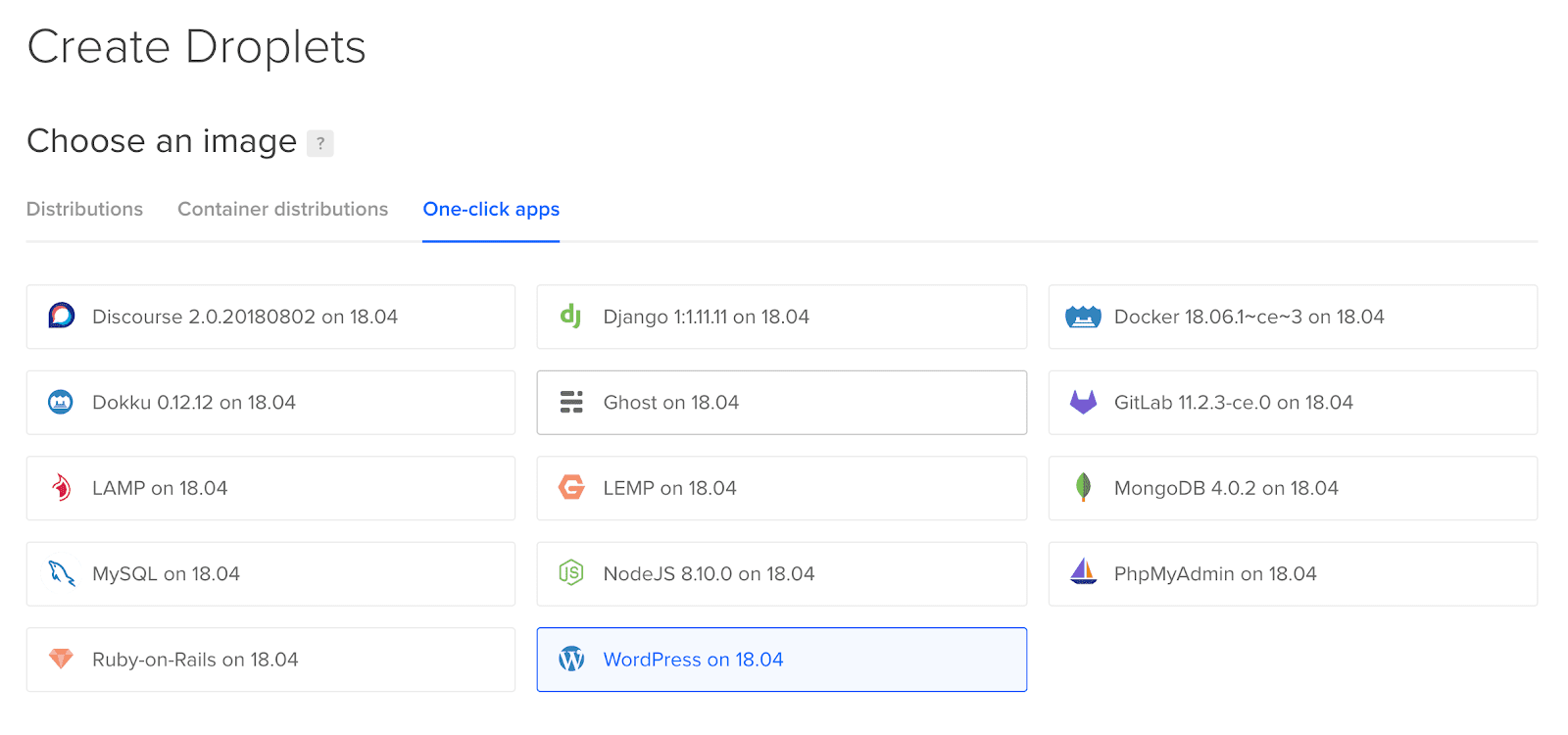 gota de imagem de um clique do wordpress no digitalocean