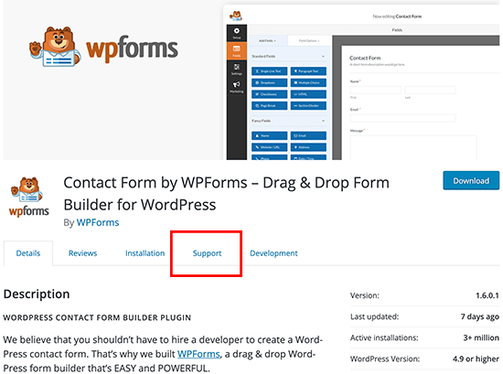 Menu de suporte a plugins do WordPress