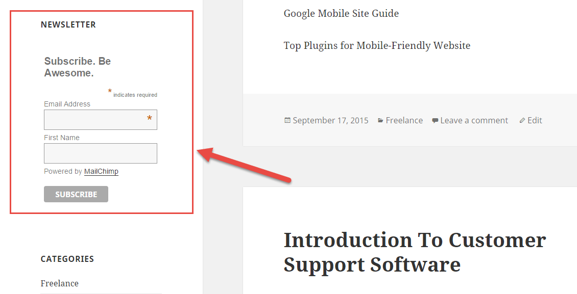Um formulário de inscrição incorporado do MailChimp muito básico (padrão) usando widgets do WordPress