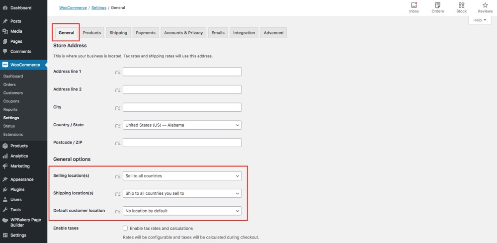 Opções gerais do WooCommerce Configurações de localização