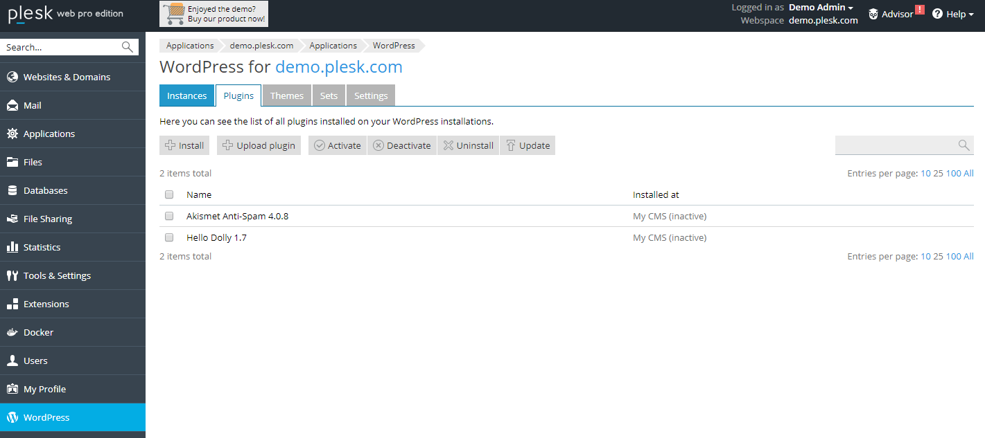 Gerenciar plugins do WordPress no Plesk