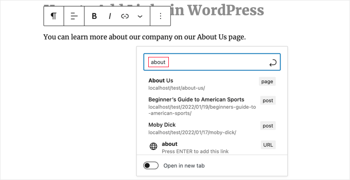 Procurando uma página para vincular usando o WordPress Block Editor