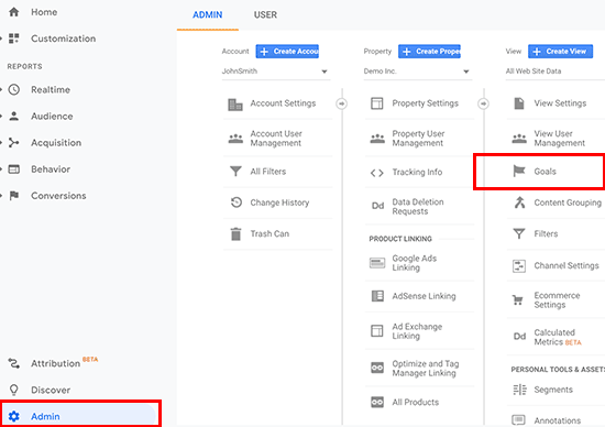 Metas na visualização de administrador do Google Analytics