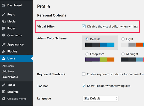 Desative o editor visual no WordPress
