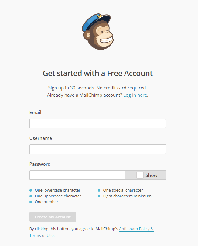 O formulário de inscrição do MailChimp