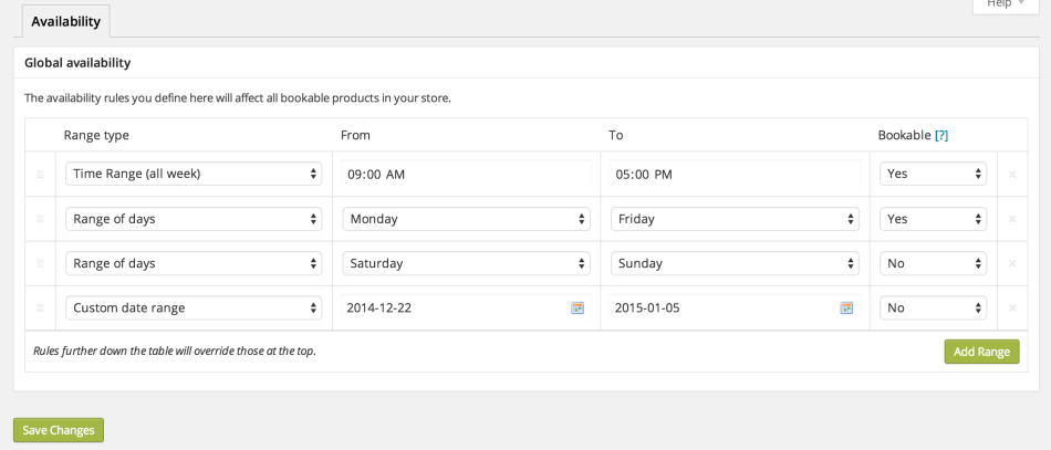 configurações de disponibilidade de reservas do woocommerce