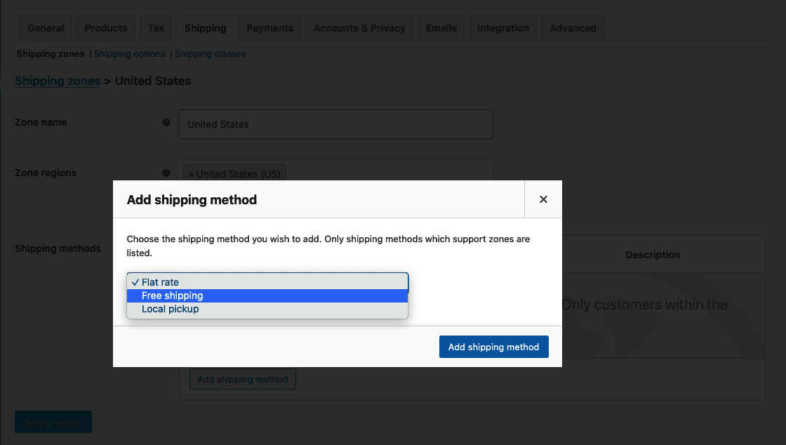 Configurações padrão do WooCommerce Frete grátis