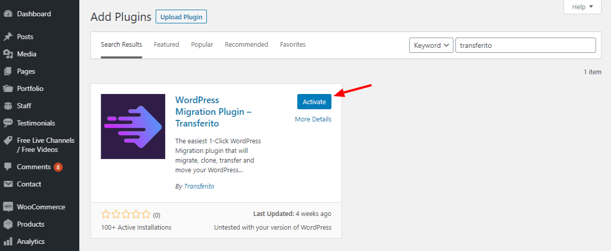 ativando o plugin de migração transferito wordpress