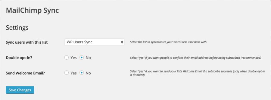 Configurações de sincronização de usuário do MailChimp