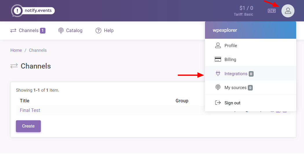 integrações do notify.events