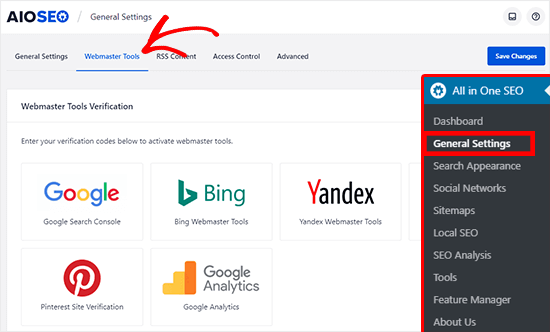 Menu de ferramentas para webmasters AIOSEO