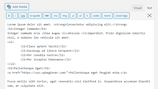 O código de formatação corrigido no editor clássico