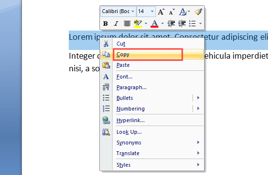 Copiando texto do seu documento do Word, destacando-o e clicando com o botão direito do mouse