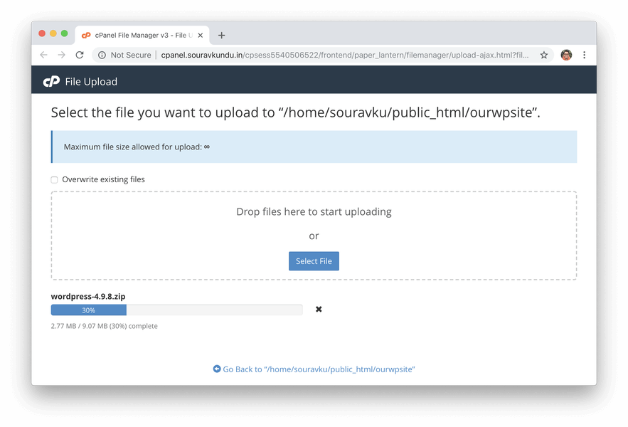 carregando o arquivo zip do wordpress no servidor via gerenciador de arquivos cpanel