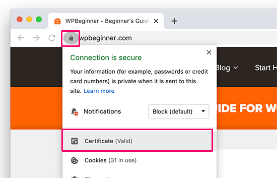Verificando os detalhes do certificado SSL de um site