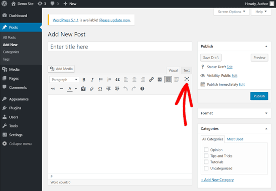 Modo de escrita sem distração no editor clássico do WordPress