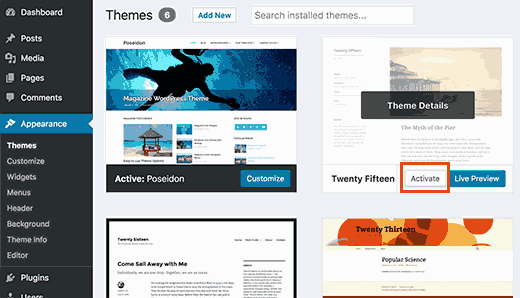 Mudar para um tema padrão do WordPress