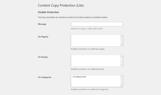 Configurações de proteção de conteúdo WP