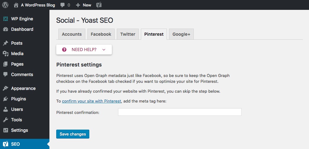 Yoast SEO: dados de gráfico aberto do Pinterest