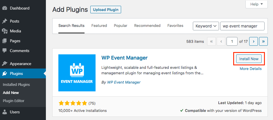Instale o Gerenciador de Eventos WP